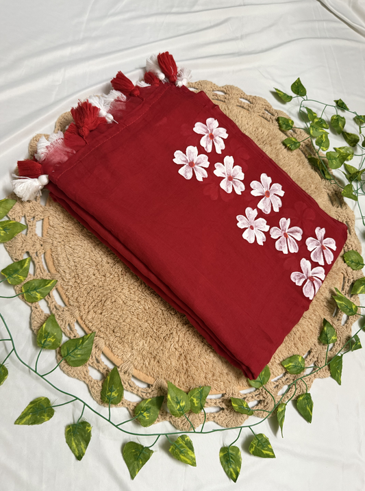 Vibrant Red Hand-Painted Mul Cotton Saree with Floral Motifs