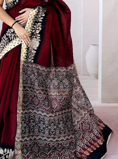 Maroon Maheshwari Silk Saree with Traditional Woven Border