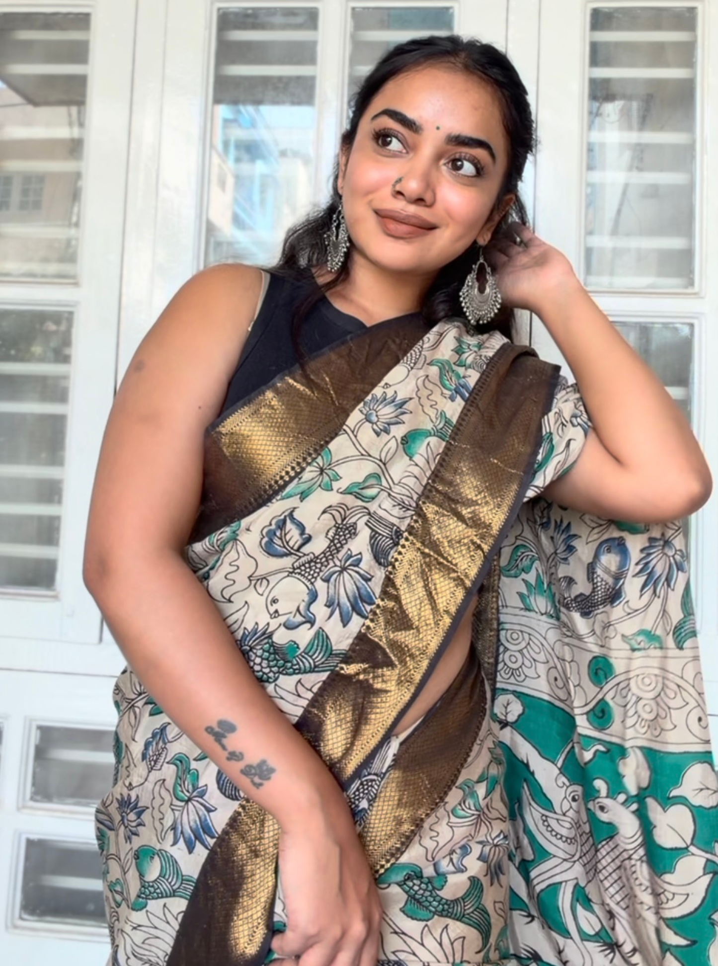 Hand-Blocked Kalamkari Saree with Traditional Fish & Floral Motifs