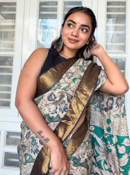 Hand-Blocked Kalamkari Saree with Traditional Fish & Floral Motifs