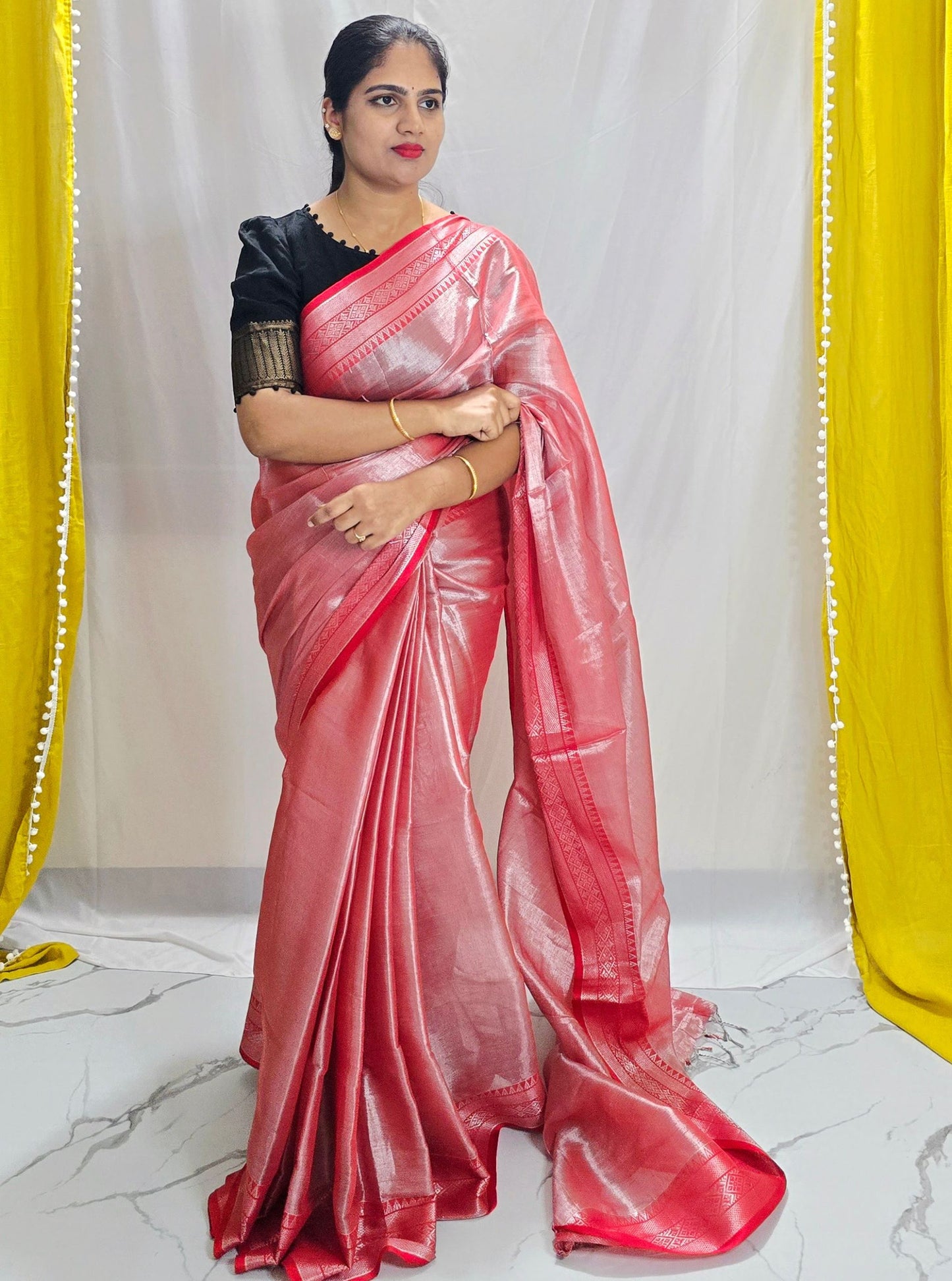 Blush Pink Tissue Cotton Saree with Subtle Zari Border & Soft Sheen