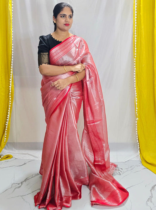 Blush Pink Tissue Cotton Saree with Subtle Zari Border & Soft Sheen