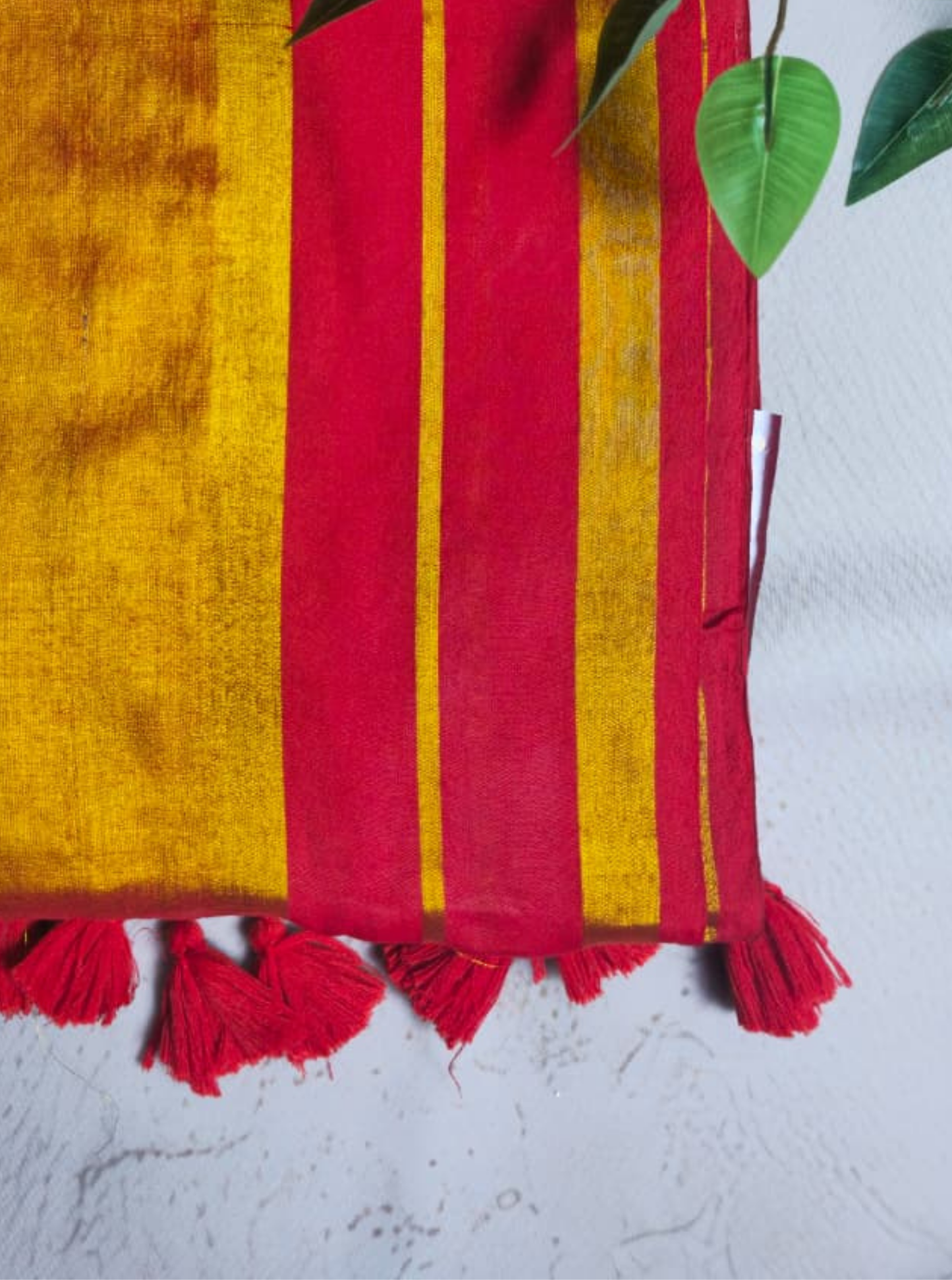 Mustard Yellow Tissue Cotton Saree with Red Contrast Border