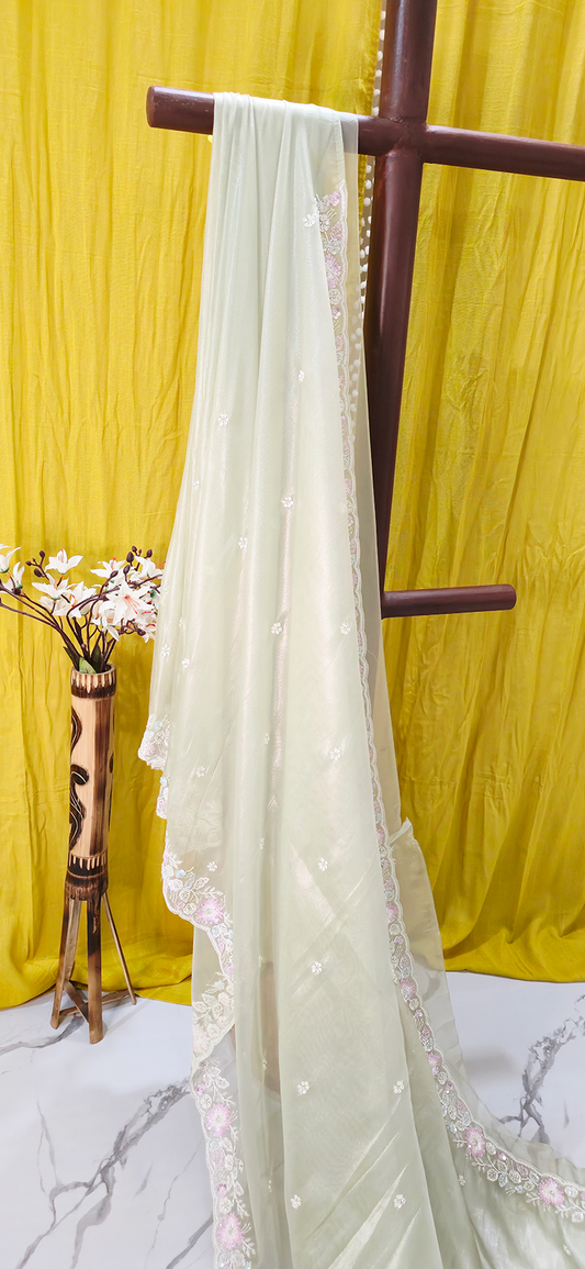 Stunning Pastel Green Net Saree with Heavy Hand Work for Festive and Party Wear