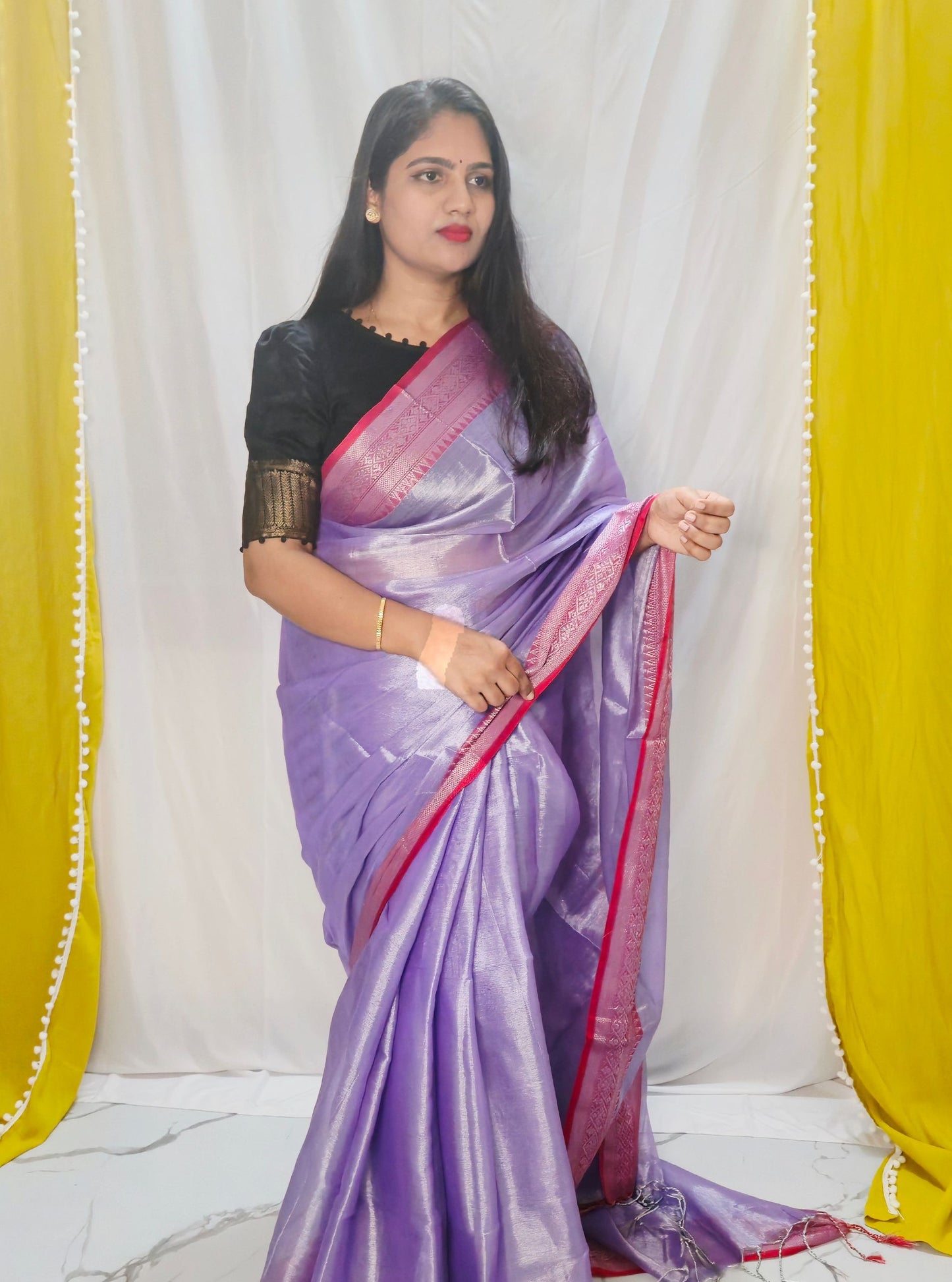 Lavender Tissue Cotton Saree with Subtle Silver Sheen & Pink Contrast Border