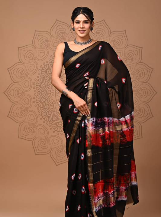 Black Maheshwari Silk Saree with Ikat Motifs & Red Accent Pallu