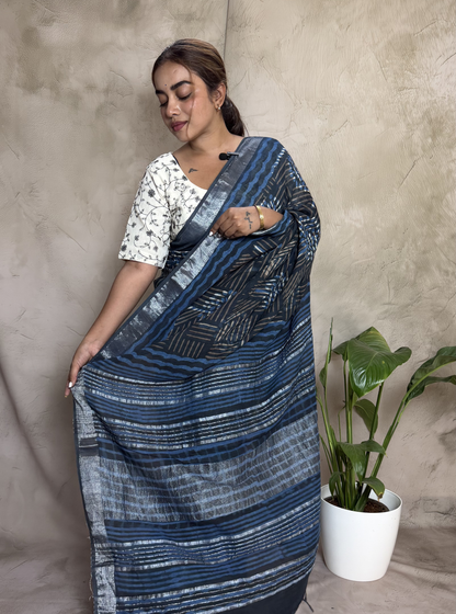 Indigo Blue Linen Cotton Saree with Silver Stripes & Abstract Print