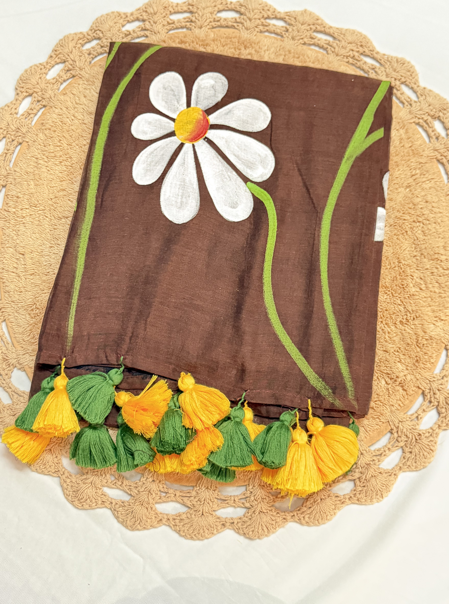 Earthy Brown Mul Cotton Saree with Handpainted Daisy Motif & Contrast Tassels