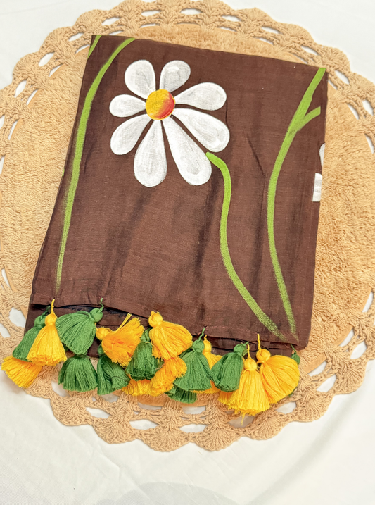 Earthy Brown Mul Cotton Saree with Handpainted Daisy Motif & Contrast Tassels