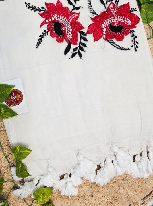 Ivory Mul Cotton Saree with Bold Red Floral Embroidery & White Tassels