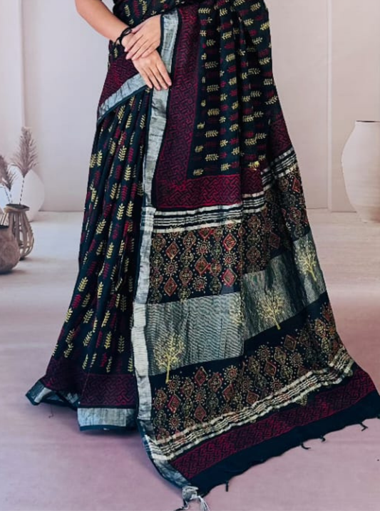 Black & Maroon Cotton Linen Saree with Ethnic Patchwork Prints