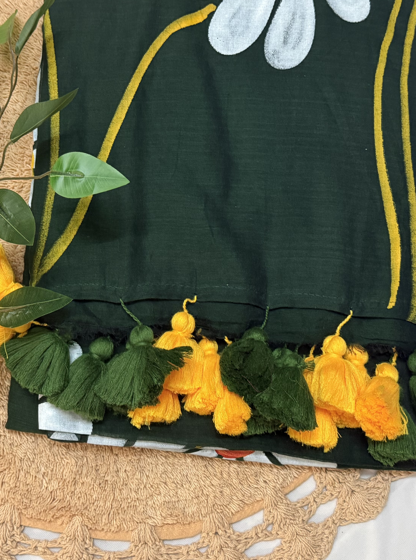 Artistic Dark Green Hand-Painted Mul Cotton Saree with Floral Design & Tassels