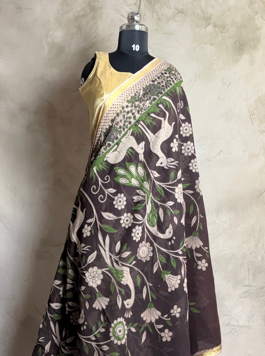 Brown Kota Cotton Saree with Floral Bird Motifs & Green Ethnic Border