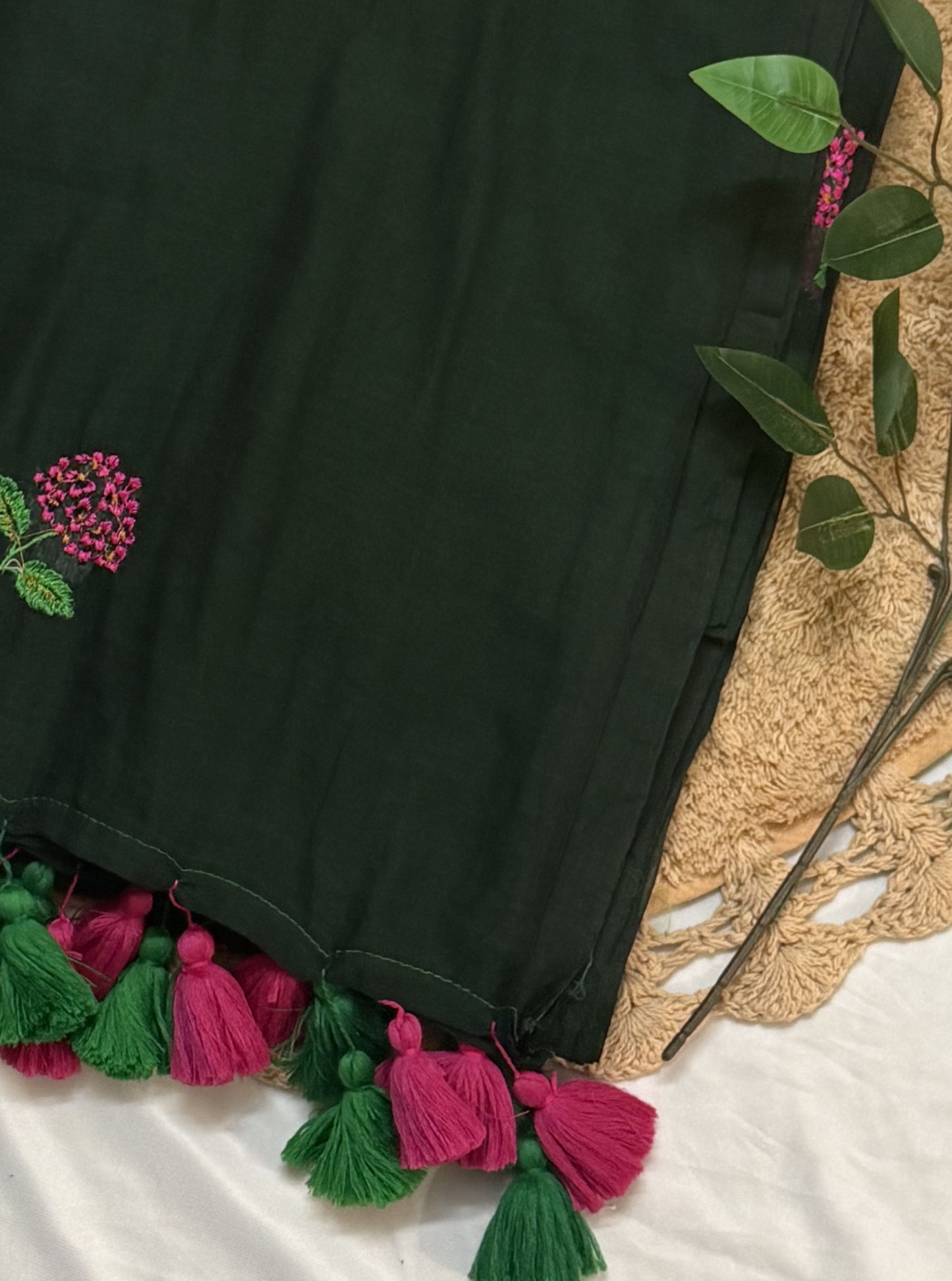 Dark Green Mul Cotton Saree with Floral Embroidery & Contrast Tassels