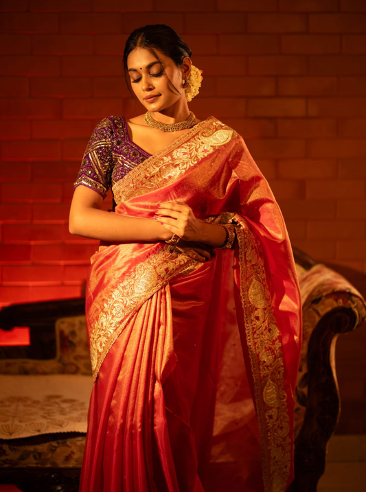 Royal Red Tissue Silk Saree with Rich Gold Zari Border