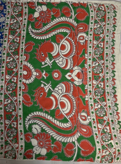 Royal Blue Cotton Kalamkari Saree with Floral Vine Motifs