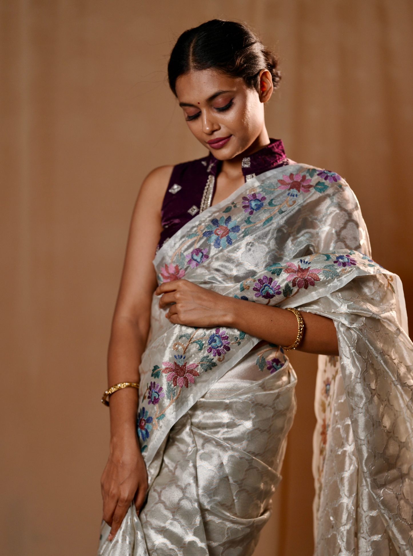Elegant Silver Tissue Silk Saree with Floral Embroidery Border