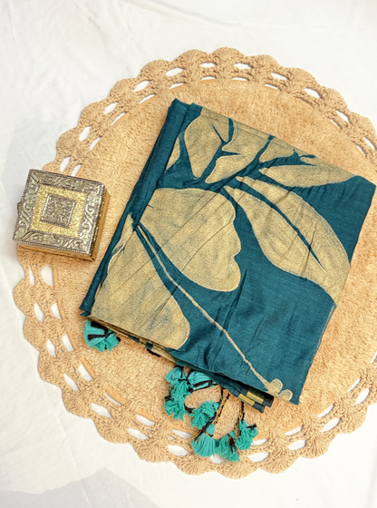 Teal Mul Cotton Saree with Golden Leaf Design & Tassels
