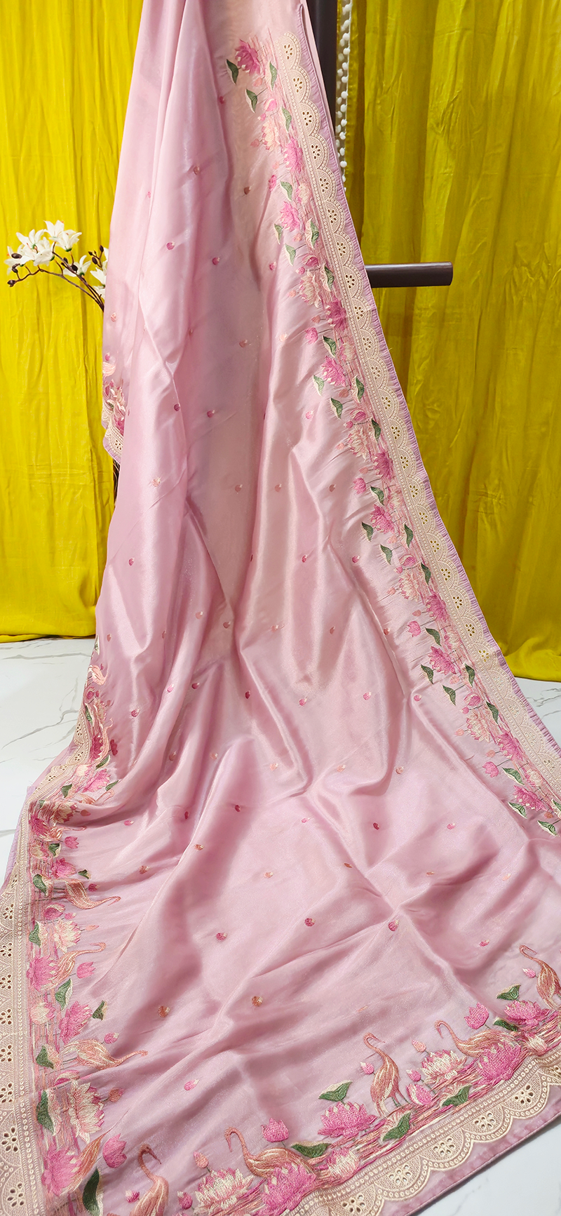 Elegant Pastel Pink Tissue Silk Saree with Embroidery Design Border for Festive Wear
