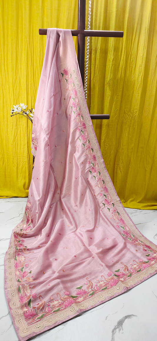 Elegant Pastel Pink Tissue Silk Saree with Embroidery Design Border for Festive Wear