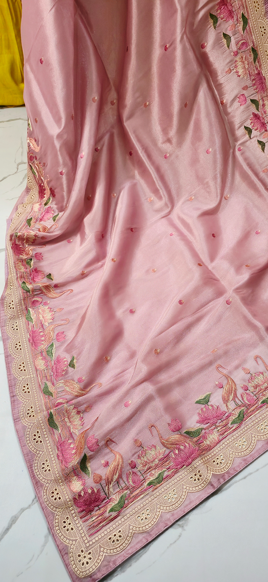 Elegant Pastel Pink Tissue Silk Saree with Embroidery Design Border for Festive Wear