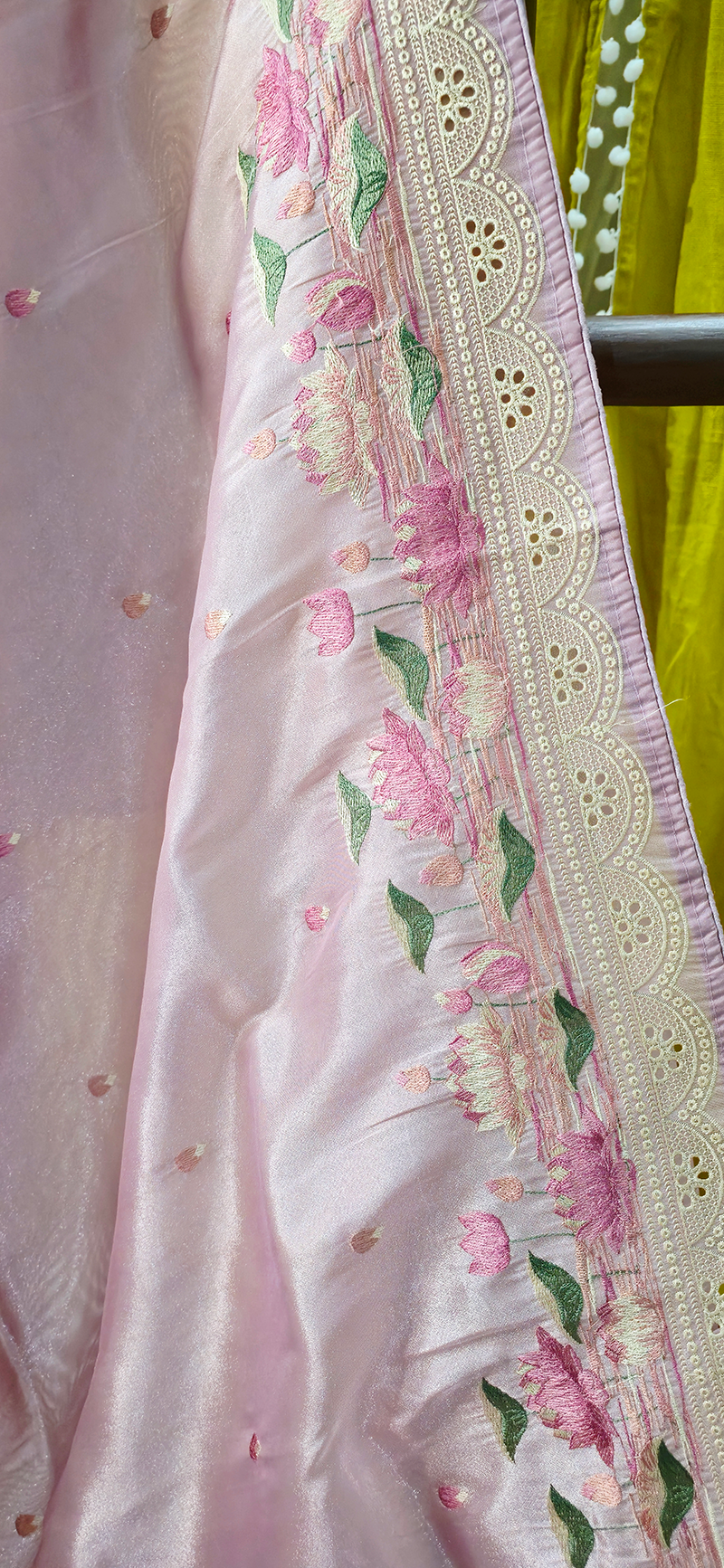 Elegant Pastel Pink Tissue Silk Saree with Embroidery Design Border for Festive Wear