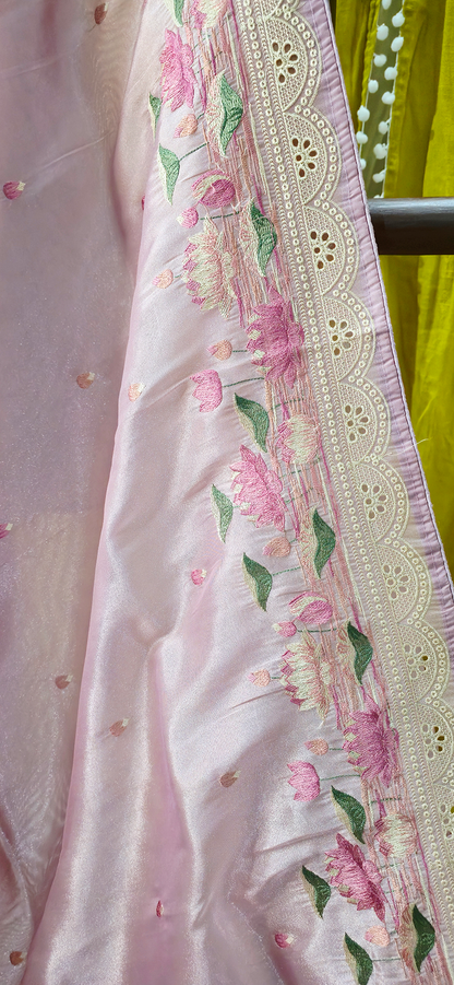 Elegant Pastel Pink Tissue Silk Saree with Embroidery Design Border for Festive Wear