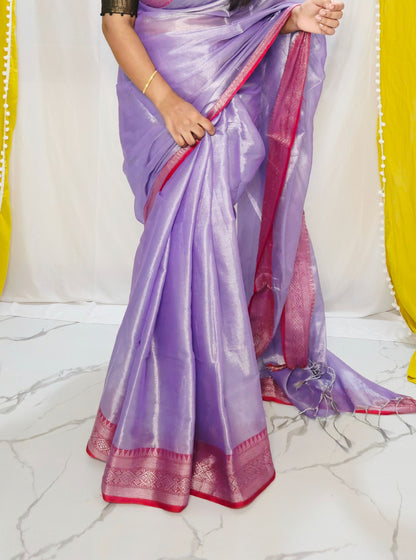 Lavender Tissue Cotton Saree with Subtle Silver Sheen & Pink Contrast Border