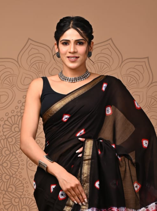 Black Maheshwari Silk Saree with Ikat Motifs & Red Accent Pallu