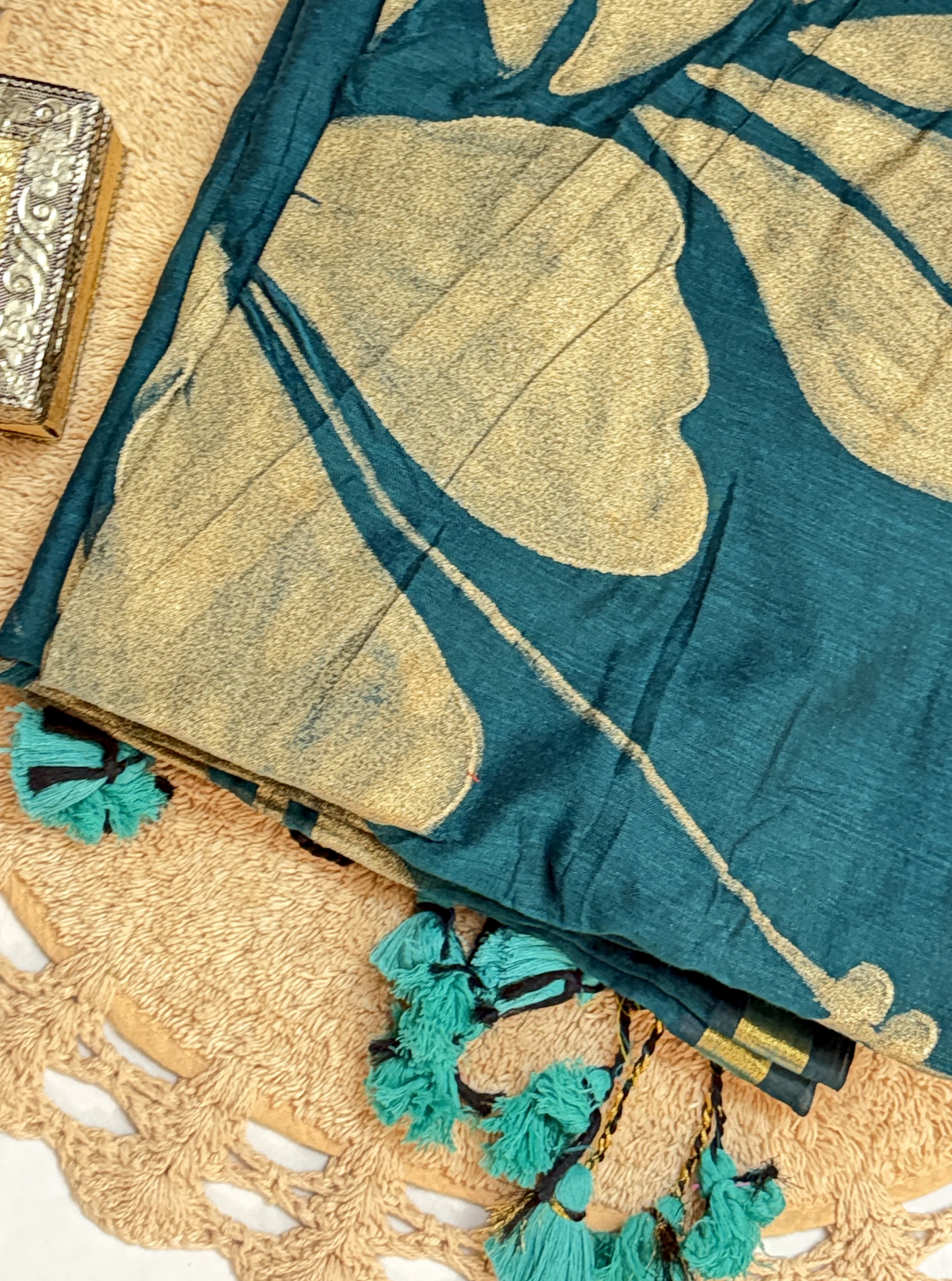 Teal Mul Cotton Saree with Golden Leaf Design & Tassels