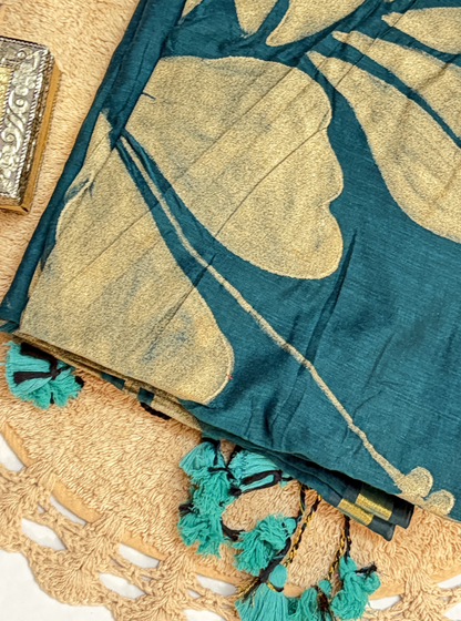 Teal Mul Cotton Saree with Golden Leaf Design & Tassels