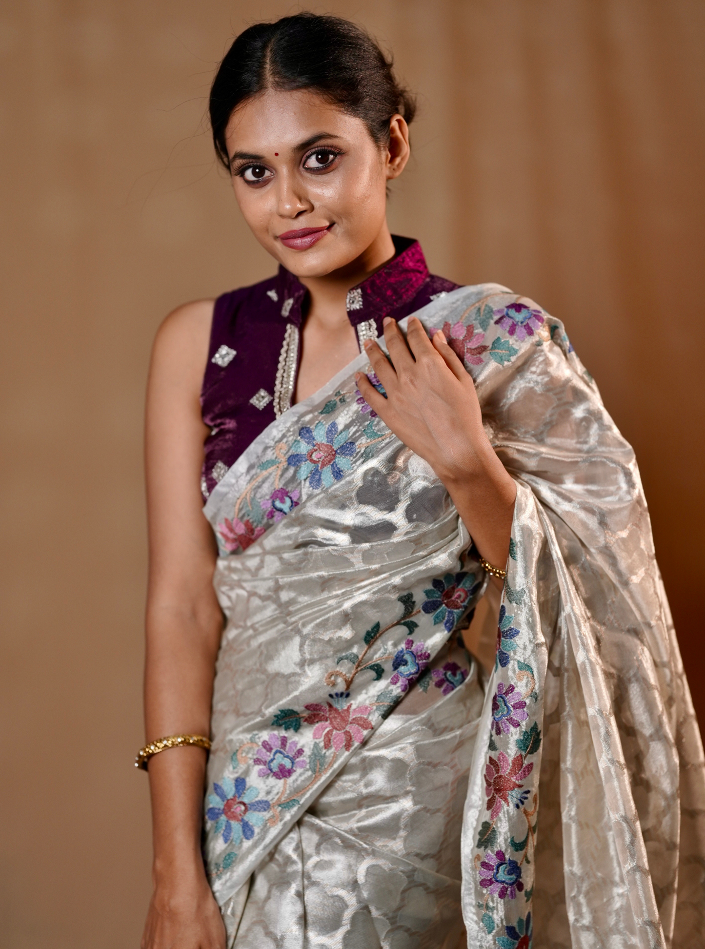 Elegant Silver Tissue Silk Saree with Floral Embroidery Border