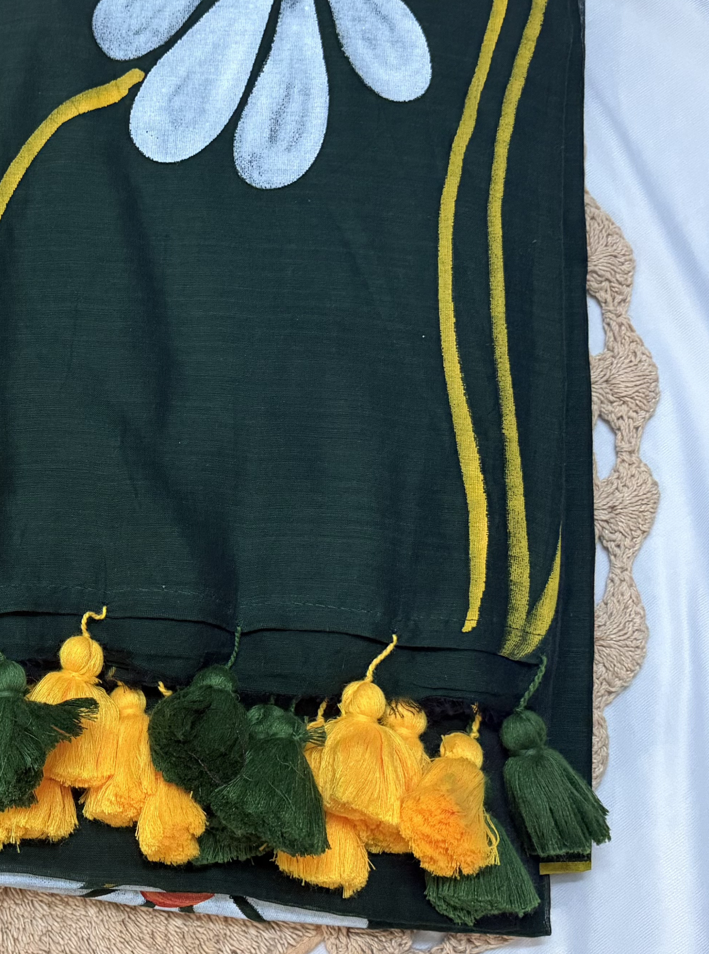 Artistic Dark Green Hand-Painted Mul Cotton Saree with Floral Design & Tassels