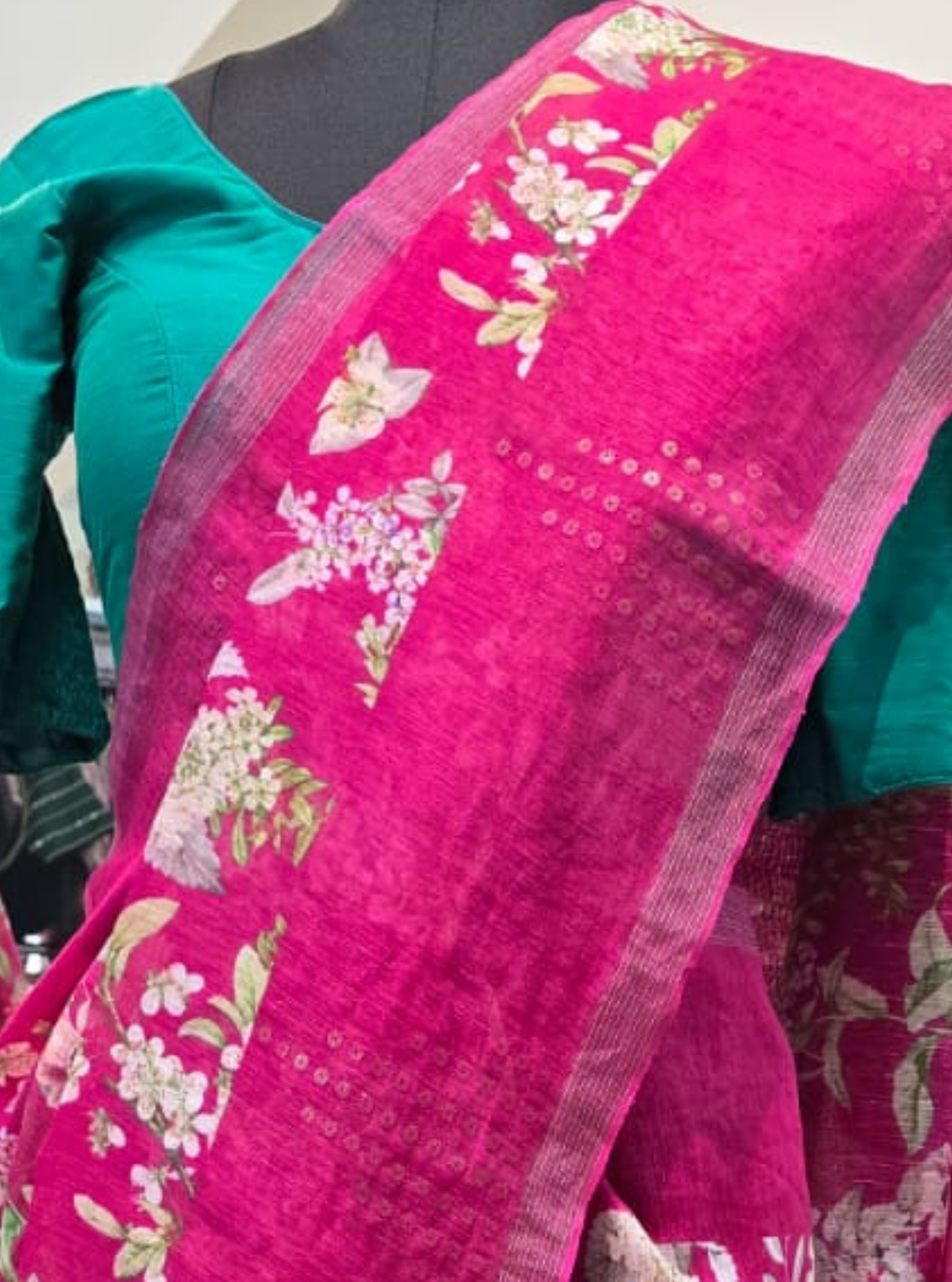 Rani Pink Pure Linen Kora Silk Saree with Floral Digital Print