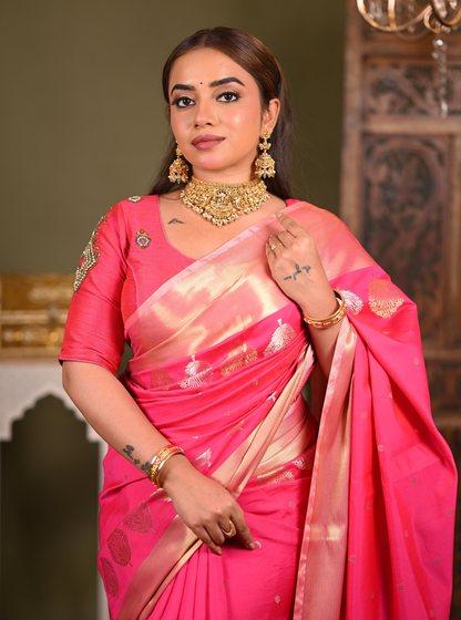 Royal Pink Mango Silk Banarasi Saree with Gold Zari Motifs