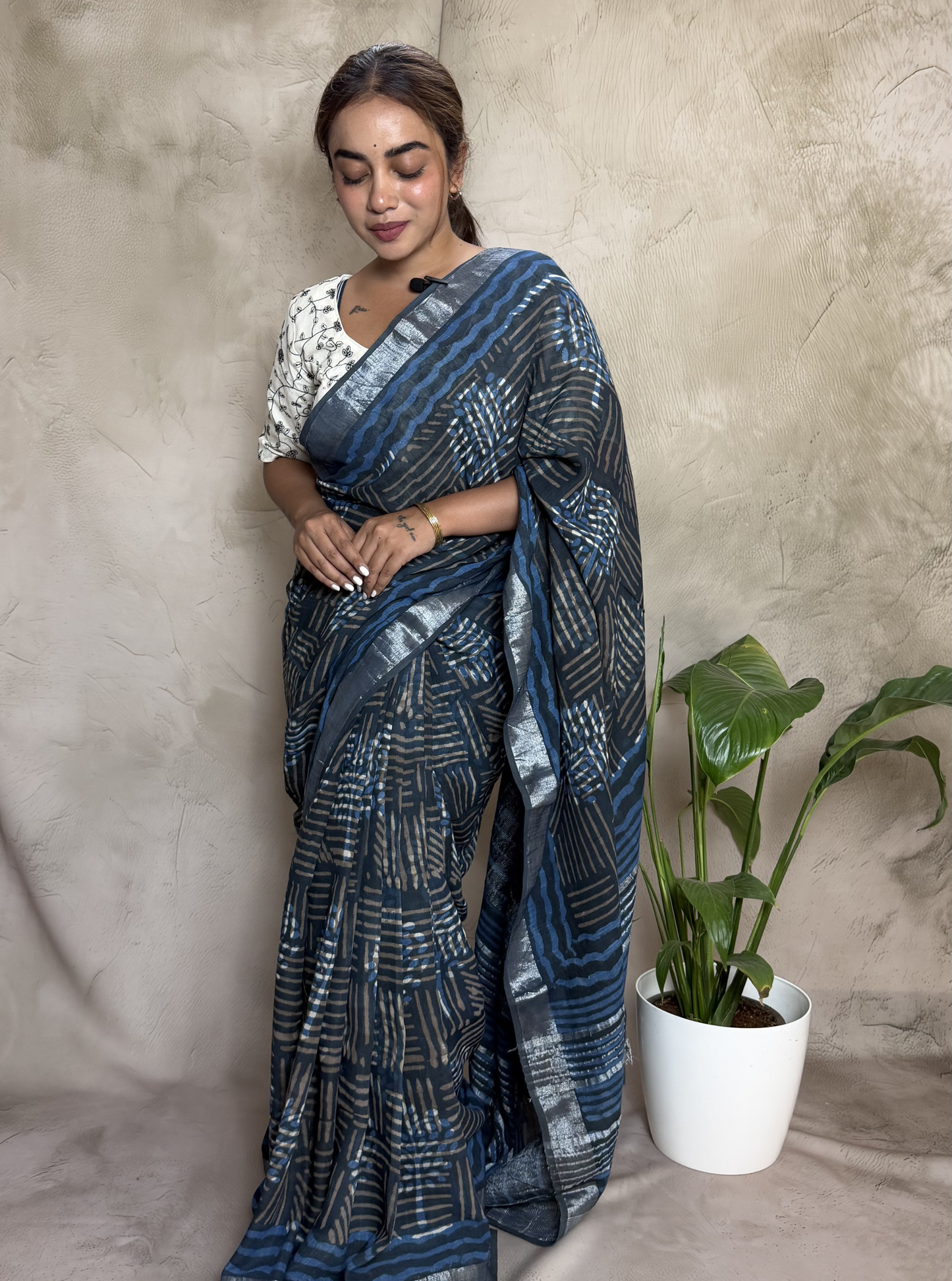 Indigo Blue Linen Cotton Saree with Silver Stripes & Abstract Print