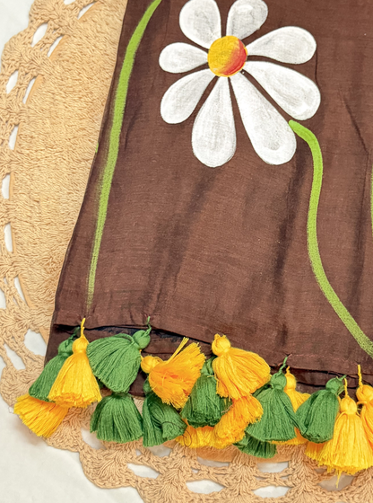 Earthy Brown Mul Cotton Saree with Handpainted Daisy Motif & Contrast Tassels