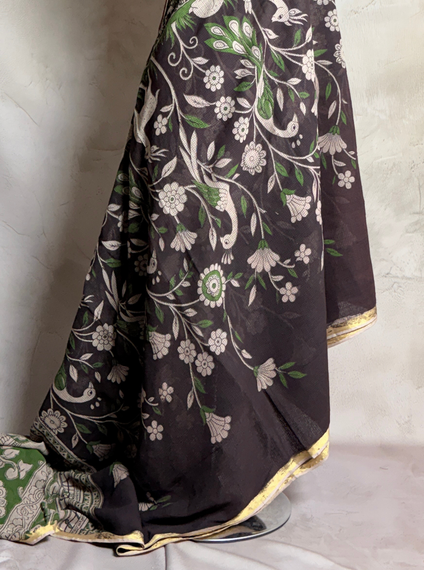 Brown Kota Cotton Saree with Floral Bird Motifs & Green Ethnic Border
