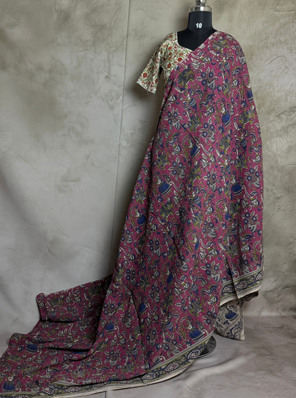 Rose Pink Cotton Kalamkari Saree with Mythological Motifs & Ethnic Border