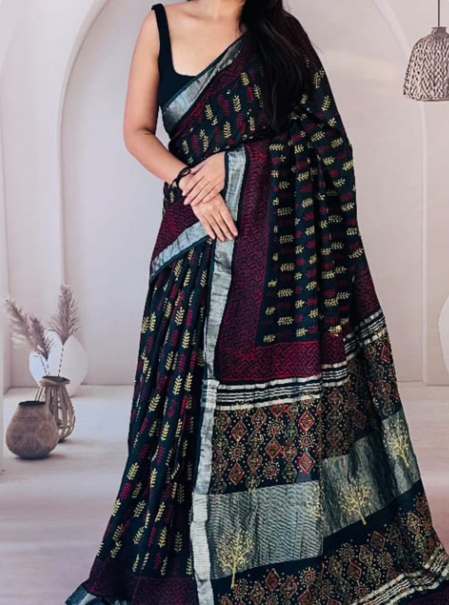 Black & Maroon Cotton Linen Saree with Ethnic Patchwork Prints