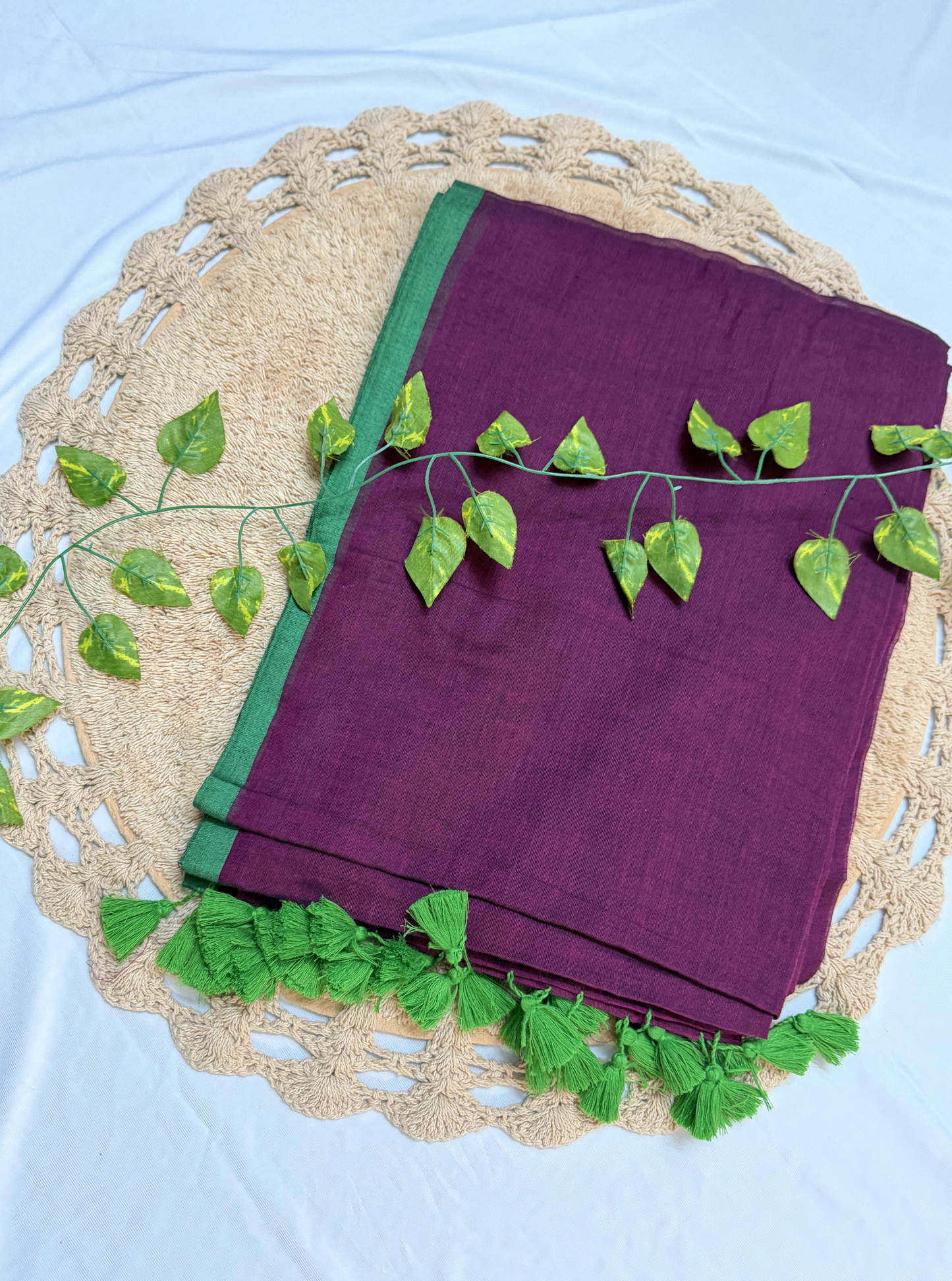 Regal Wine Mul Cotton Saree with Contrast Green Border & Tassels