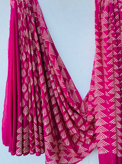 Rani Pink Bagru Handblock Printed Cotton Saree