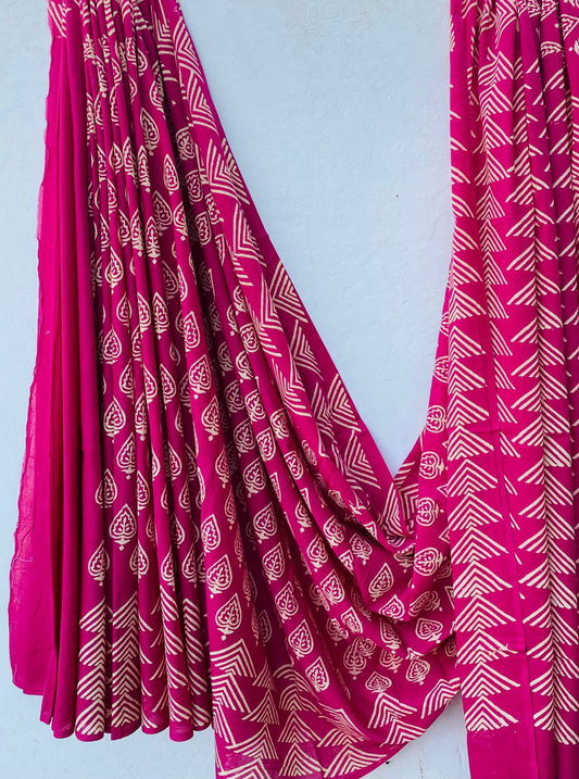 Rani Pink Bagru Handblock Printed Cotton Saree
