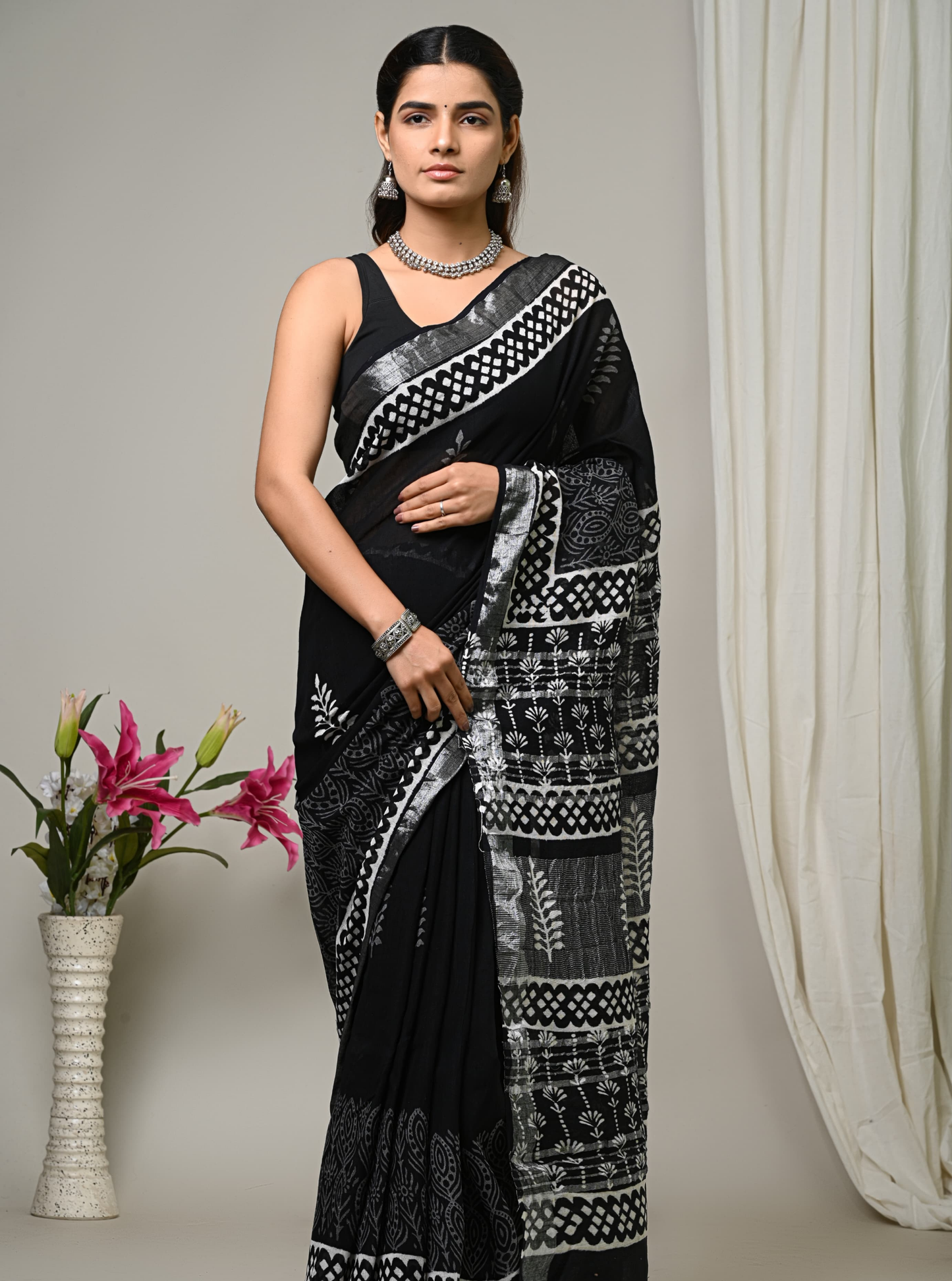 Elegant Black Linen Cotton Saree with Silver Traditional Prints