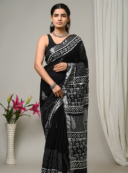 Elegant Black Linen Cotton Saree with Silver Traditional Prints