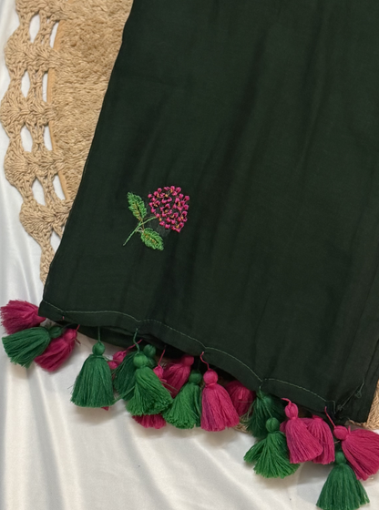 Dark Green Mul Cotton Saree with Floral Embroidery & Contrast Tassels