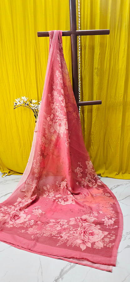 Beautiful Pink Kota Silk Saree with Digital Flower Print for Festive and Daily Wear