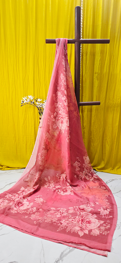 Beautiful Pink Kota Silk Saree with Digital Flower Print for Festive and Daily Wear