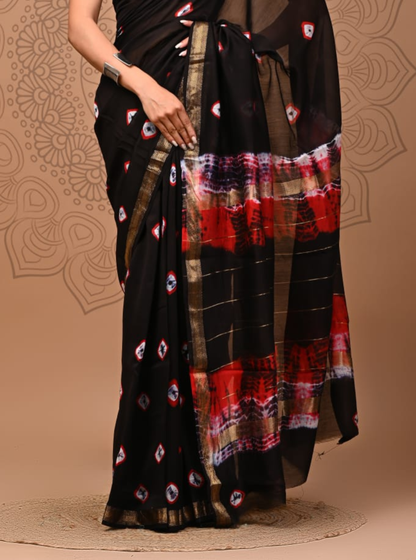 Black Maheshwari Silk Saree with Ikat Motifs & Red Accent Pallu