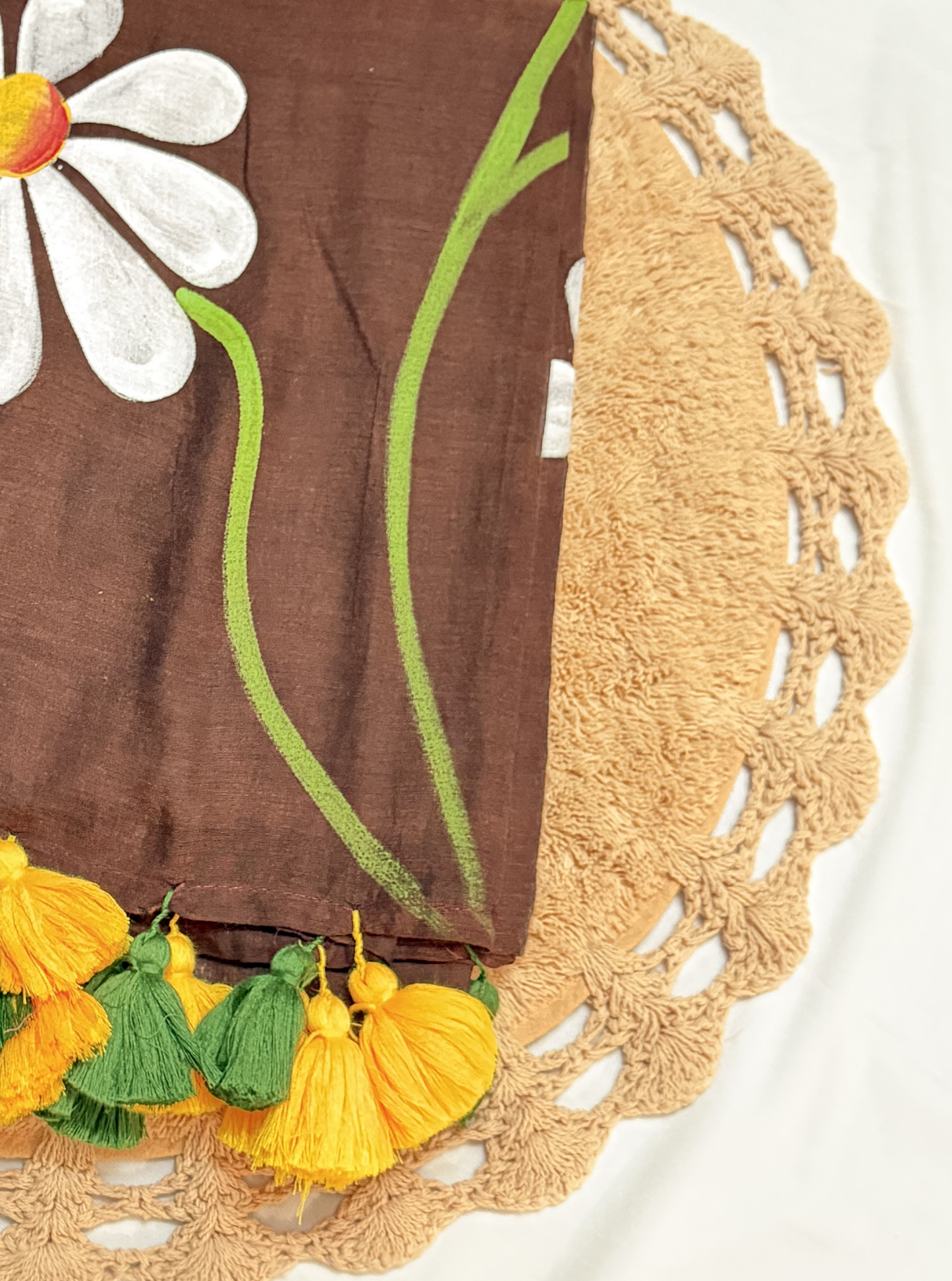 Earthy Brown Mul Cotton Saree with Handpainted Daisy Motif & Contrast Tassels